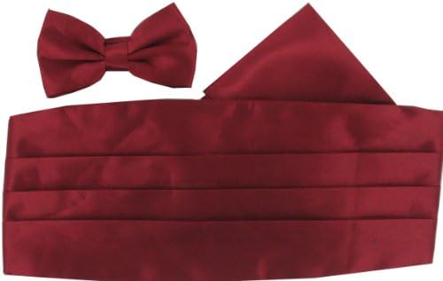 Maroon Satin Cummerbund Set - Bow Tie, Pocket Handkerchief Set