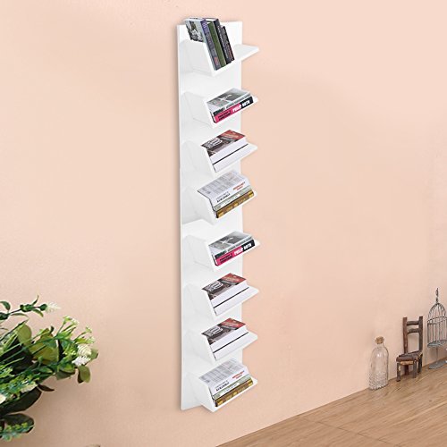 SOULONG Étagère Murale à Livres 8 Niveaux Étagère Suspendue en Bois Bibliothèque Meuble de Rangement 180 x 33cm pour Bureau, Salon, Chambre(Blanc)