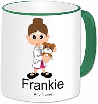 Personalised Gift Mug - Female Vet / Veterinary Mug (A GoPersonalised Design) - Green Handle. Any Name Any Message. Veterinary Surgeon Vet Nurse Animal Doctor Themed Design. A Perfect Vet Gifts For Birthdays, Christmas, Thank You Gifts, Graduation, Retirement, Mother's Day And ALL Occasions. (Brown Hair / Brunette)