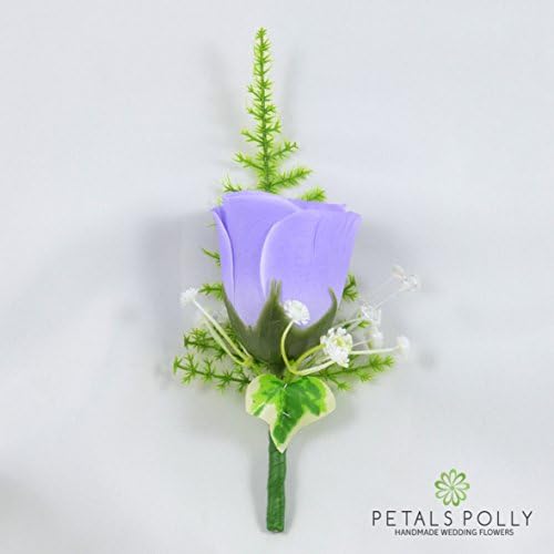 Artificial Wedding Flowers Hand-made by Petals Polly, SILK ROSE BUTTONHOLE IN LILAC WITH CRYSTAL, IVY &amp; GREENERY