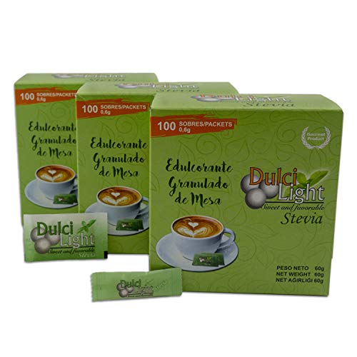 DULCILIGHT STEVIA Total 300 Sobres,  EDULCORANTE Granulado Gourmet EL MEJOR SABOR del Stevia , Pack de 3 Estuches x 100 C/U.