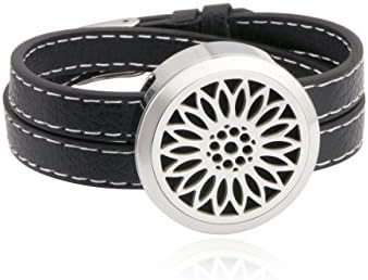 EVERLEAD Carving Round Essential Oils Diffuser Locket Pendant Bracelet 316l Stainless Steel Real Leather