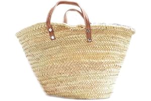 BIRDIKUS Capazo de Palma básico, cesta de fibras naturales, con asas corta de cuero curtido estilo rústico. Cesto o Bolso de mimbre para la playa (7V, aprox. 42x25 cm)