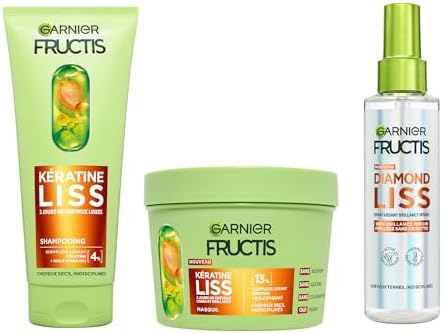 Garnier Fructis Cheratina Liss – Routine 3 Prodotti: Shampoo, Maschera & Spray Capelli Lisciante Diamond Liscio, Cheratina Vegetale & Olio di Argan, Capelli Lisci e Brillanti – Anti-Frisottis