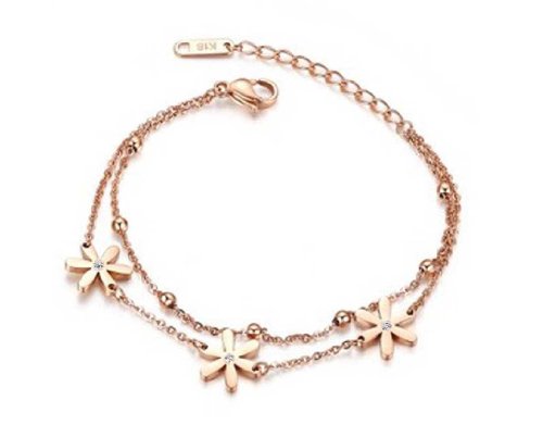 findout 14K de alta calidad chapado en oro rosa de titanio de acero de la flor de la margarita para el tobillo / pulseras para mujeres niñas (f988)