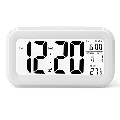 Ankoda® batteriebetriebener LED Digital-Wecker mit extra großem Display, Snooze, Datumsanzeige, Temperatur und Sensor Licht (weiß) - 2