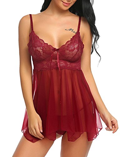 ADOME Spitze Negligee Sexy V-Ausschnitt Babydoll Lingerie Nachtwäsche Kleid Dessous Set für Damen mit Unregelmäßiger Saum und string Rot EU L