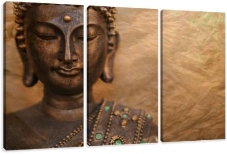 Picture – art on canvas buddha length 63" height 35", three-part parts model no. XXL 1041 Pictures completely framed on large frame. Art print Images realised as wall picture on real wooden framework. A canvas picture is much less expensive than an oil painting poster or placard