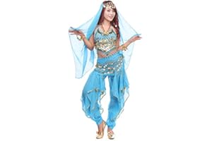 Wuchieal Bauchtanz Kostüm 4 Teile Oberteil Hose Hüftschal Schleier für Damen