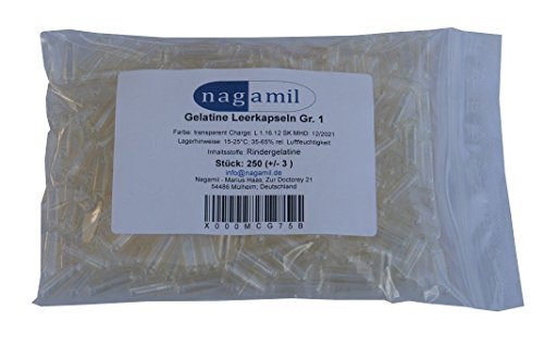 Preisvergleich Produktbild Nagamil 250 Gelatine Leerkapseln transparent Gr. 1 leere Kapseln