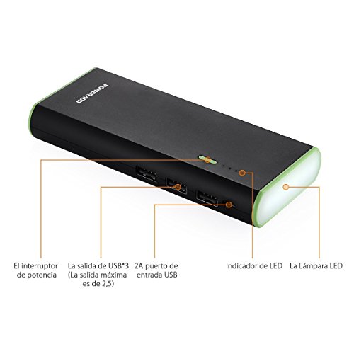 Poweradd Cargador M  vil Port  til Bater  a Externa 10000mAh  3 USB 5V 2A  M  s 2 5A  con la Linterna  Carga r  pida para iPhone 7  iPad  Samsung  M  viles Inteligentes y Tabletas  Negro 