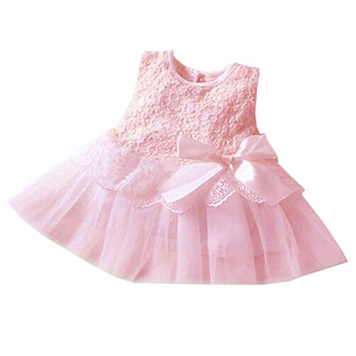 Arrowhunt Baby Girls Sleeveless Lace Plain Floral Tutu Dress with Bowknot Pink