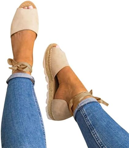 Women Summer Sandals HEHEM Women Fashion Leisure Ladies Flat Lace up Espadrilles Summer Chunky Holiday Sandals Shoes Size