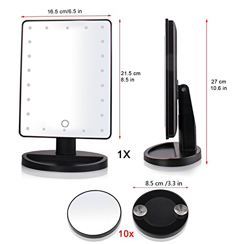 Cookey Beleuchtete Make up Spiegel Beleuchtete Eitelkeit Kosmetikspiegel mit Beweglichen 10x Vergrößerung 22 LED Ideal für Schlafzimmer Tischplatte Badezimmer Dressing Rasieren Reisen (Schwarz) - 3