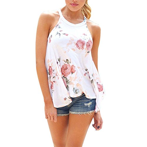 Preisvergleich Produktbild OverDose Damen Lässige Blumen Splice-Streifen Druck Rundhalsausschnitt Pullover Bluse Tops T-Shirt (S, J-Weiß)