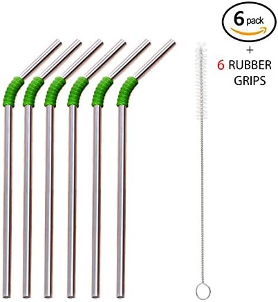 Stainless Steel Drinking Straws, removable natural rubber grips for scratch and noise free use + cleaning brush, 6 silver metal reusable bent straw with protective silicone grips Food grade 18/8 Eco friendly (6)