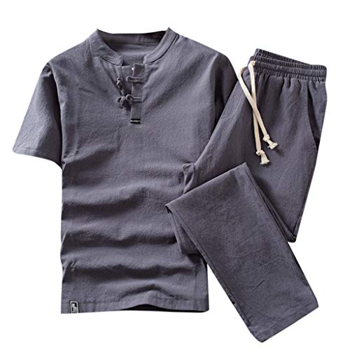 JYJM Homme Costume Shirt en Lin Shirt Décontracté Rollant Manches Demi Patte de Boutonnage Chiné Col Mao T-Shirt+Pantalons