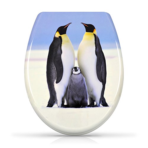 VENKON - Premium WC Sitz mit Absenkautomatik - Modell "Pinguin Familie" - Toilettendeckel aus Duroplast (antibakteriell) inkl. Montagesatz (rostfreie Scharniere)