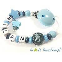 Schnullerkette mit Name für Jungen mit Sternen und Motivperle `Kleiner Prinz`- blau, anthrazit