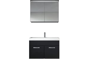 BADPLAATS B.V. Badezimmer Badmöbel Set Paso 02 80cm Waschbecken Hochglanz Schwarz Fronten - Unterschrank Schrank Waschbecken Spiegelschrank Schrank