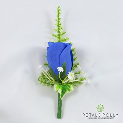 Artificial Wedding Flowers Hand-made by Petals Polly, SILK ROSE BUTTONHOLE IN ROYAL BLUE WITH CRYSTAL, IVY &amp; GREENERY