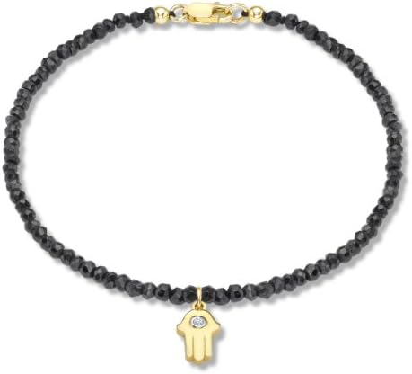 Mata-Hari 9ct Yellow Gold Diamond Set Hamsa Hand Charm on Black Spinel Bracelet of 19cm/7.5"