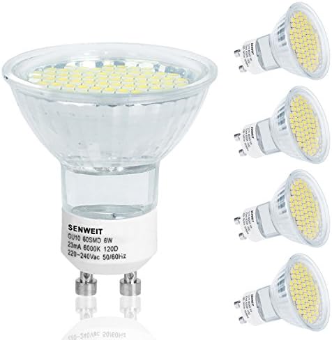 Senweit Pack of 4 6W Dimmable GU10 Led Bulbs Day White 6000k 60SMD 120D Glass Shell Equivalent to 55W Energy Saving Lamp Indoor Recessed Track Cabinet Lighting Ceiling Downlight Spotlight
