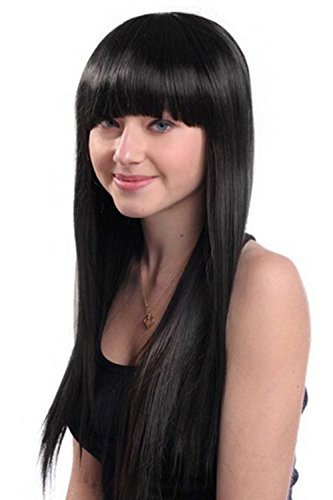 S-noilite® Stylish 23"(58cm) Lady Full Head Wigs Flat Bangs/Fringe Straight Hair One Piece Long Wig (Dark Black)