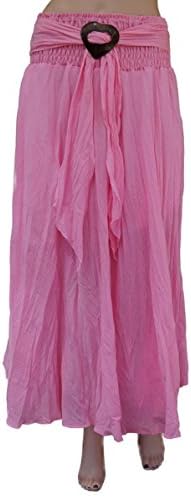 Ladies Long Full Crinkle Boho Gypsy Cotton Skirt with Coconut Shell Buckle (Candy Pink)