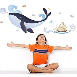 Stickers adhésifs Enfants | Sticker Autocollant Baleine et Bateau Pirate - Décoration Murale Chambre Enfants | 1 Planches de 70 x 50 cm