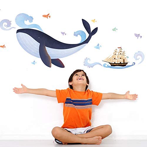 Stickers adhésifs Enfants | Sticker Autocollant Baleine et Bateau Pirate - Décoration Murale Chambre Enfants | 1 Planches de 70 x 50 cm