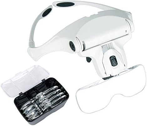 Headband LED Illuminated Magnifier Hands Free Reading Head Mount Magnifier Glasses Light Bracket 5 Replaceable Lenses for Reading, Jewelry Loupe, Watch Electronic Repair(1.0X, 1.5X, 2.0X, 2.5X, 3.5X)