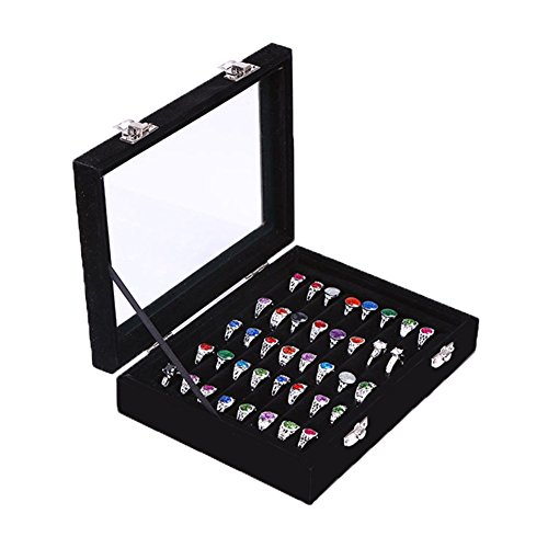 JuanYa Girls Velvet Anillo De Vidrio Pendientes Caja De Joyería De Display Almacenamiento Organizador Holder Showcase (Negro)