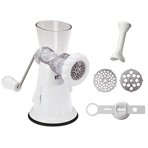 Westmark Fleischwolf mit 2 Lochscheiben und Gebäckvorsatz, Großer Saugfuß, Kunststoff/Rostfreier Edelstahl, Weiß/Transparent, 97452260