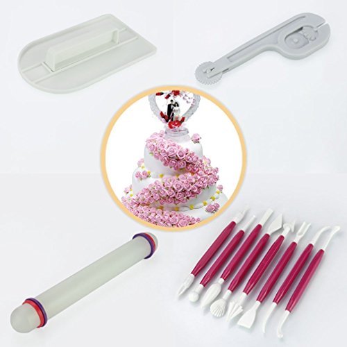 Schönes Leben* 11 tlg Kuchendekorationsset Kuchendekorationswerkzeuge Ausstechformen Auswerfer Stempel Tortendeko Backen Stempel Modellierwerkzeug Glätter Fondant Marzipan (Rosa) - 2
