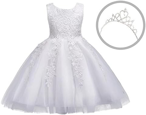 UK Seller Gorgeous Girl Flower Dress with Matching Tiara Perfect for All Occasion Birthday Wedding Bridesmaid Christening Formal Evening Flower Girl Christmas Gift (White, 2-3 Years)