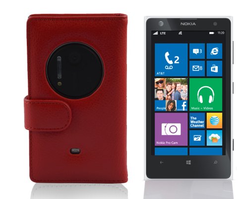 Cadorabo - Funda Nokia Lumia 1020 Book Style de Cuero Sint  tico en Dise  o Libro - Etui Case Cover Carcasa Caja Protecci  n con Tarjetero en ROJO-INFIERNO