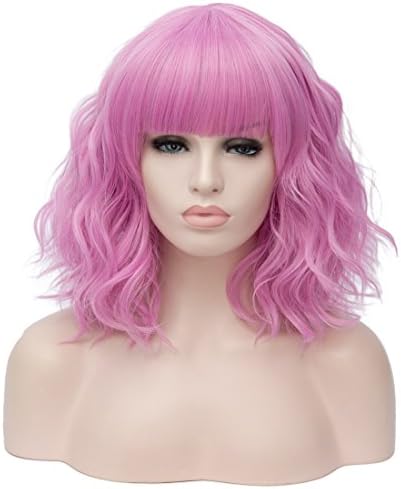 Priomix Harajuku 35cm Short Curly Anime Cosplay Wig Daily Basic Party Dress Up Wig Hair Heat Resistant Fiber High Quality Breathable Hairnet Wig +Wig Cap (Pink Purple Brow-Skimming Bangs)