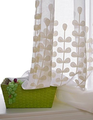 Delicate White Leaves Embroidery Sheer Curtain Custom Window Door Drapery(Pinch pleat top)