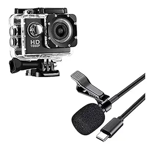 TechKing Combo Pack of 2 Items - 1080p Sports Waterproof Action Camera, Compact Metal Mic Type-C/Clip Microphone (1 Year Warranty)