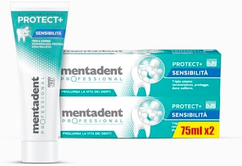 Mentadent Professional Dentifricio Protect+ Sensibilità, Dentifricio Denti Sensibili, Remineralizza e Dona Protezione Contro la Sensibilità Dentinale, con Minerali Bio-compatibili e Potassio, 2x75 ml