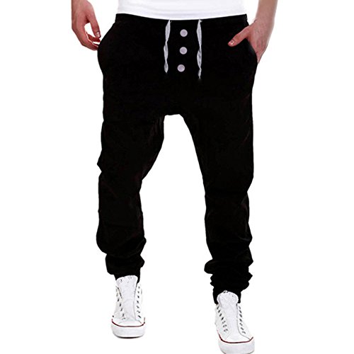Preisvergleich Produktbild OdeJoy Herren Elastisch Bewegunghose Persönlichkeit Drei Schnalle Freizeit Draussen Langehose Beiläufig Jogginghose Kordelzug Kleine Füße Hose Casual Wild Sporthose(Schwarz,2XL)