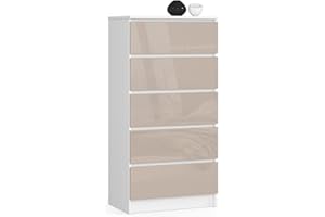 Akord Cassettiera K60 con 5 Cassetti | Credenza Alta | Moderna Mobiletto per Soggiorno Sala da Pranzo Camera da Letto Corridoio Bagno | Armadio Cameretta | 60x121x40 cm 39kg | Bianco/Cappuccino lucido