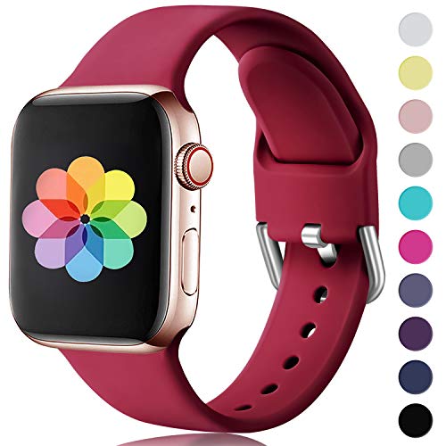 HUMENN Compatible avec Apple Watch Bracelet 38mm 42mm 40mm 44m, Sport en Silicone Doux avec Boucle Remplacement Bracelet pour Apple Watch 4, Series 3, Series 2, Series 1, 42mm/44mm S/M Vin Rouge