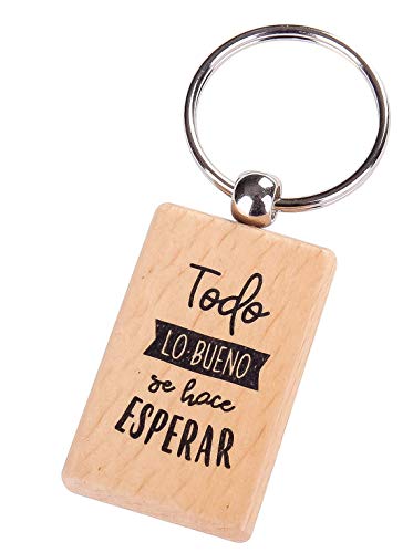 Lote de 20 Llaveros de Madera con Frases"TODO LO BUENO SE HACE ESPERAR" - Llaveros con Frases Originales y Baratos para Bodas, Bautizos, Comuniones y Cumpleaños