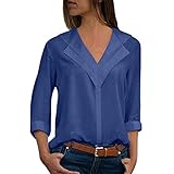 Goosuny Damen Chiffon T-Shirt Mode Einfarbig Büro Business V-Ausschnitt Bluse Damenblusen Elegante Plain Roll Ärmel Blusen Tops Oberteile Herbst Basic Tunika Longsleeve Shirts(Blau,M)