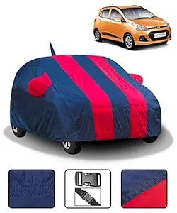 Spaiko Car Body Cover for Hyundai Grand i10 with Mirror and Antenna Pockets (Full Sized, Full Bottom Elastic, Red & Blue Stripe Design)
