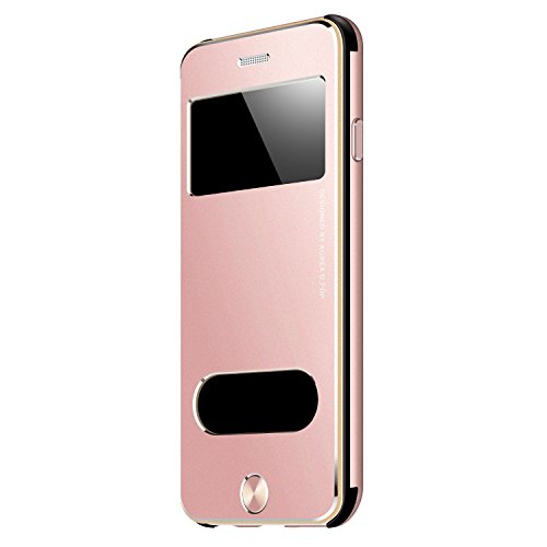 Premium Oats Apple iPhone 6, 6s Schutzhülle mit stylischer Aluminium Vorder und Rückseite Sichtfenster Anrufe schnell Annehmen Hülle Hard Cover Flip Back Case Tasche - von OKCS® - in Rose Gold