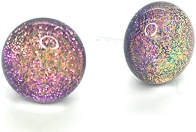 Rose pink gold dichroic glass stud earrings on sterling silver 925 - handmade in East Sussex