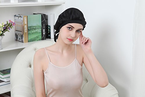 Natürliche Seide Schlaf Nacht Cap Kopf Abdeckung Haube für Haar Schönheit Hut (Schwarz) - 6